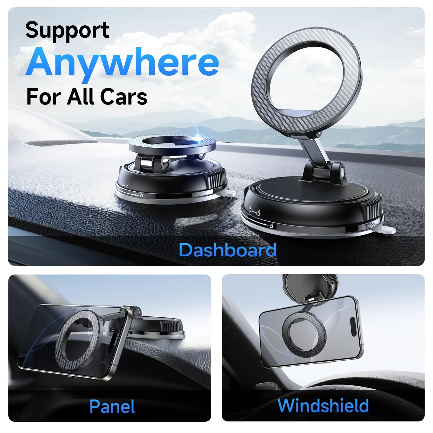 Kingone Car Phone Holder for Magsafe [78+LBS Strongest Suction & 2400gf Strongest Magnetic] 360° Adjustable Car Phone Mount, Cell Phone Holders for Your Car & All Smartphones (Carbon Fiber)