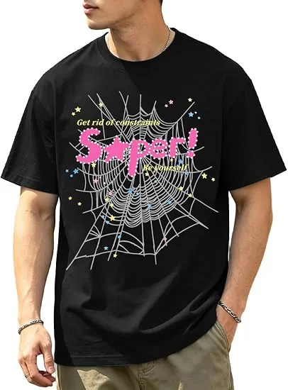 EMILYLE Men Spider Tshirt Y2K Style Unisex Summer Short Sleeve Cobweb Top Colorful Tee